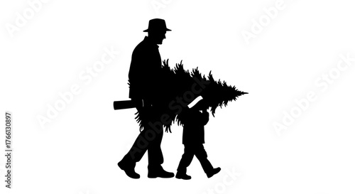 A heartwarming silhouette depicts a father and child joyfully carrying a freshly cut Christmas tree home, symbolizing festive holiday traditions and generational bonding.