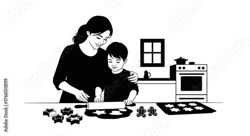 A heartwarming illustration captures a mother and her child joyfully baking festive cookies together, creating cherished holiday memories in their cozy kitchen.