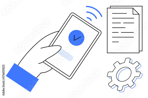Hand holding smartphone displaying a verification checkmark, signaling approved authentication. Nearby document and cogwheel signify data processing and workflow. Ideal for security, authentication