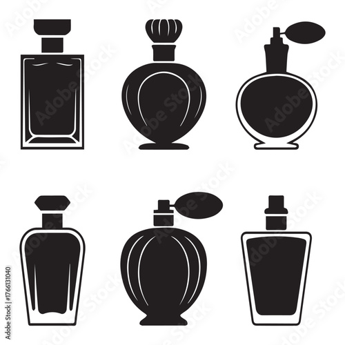 A captivating collection of perfume bottle silhouettes, isolated on white background, showcasing diverse shapes and designs, perfect for beauty, fragrance, and elegant presentation concepts