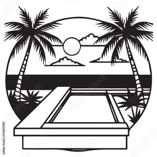 Tropical paradise scene isolated on white background featuring palm trees, a swimming pool, and a serene sunset over the ocean, creating a relaxing and idyllic vacation atmosphere