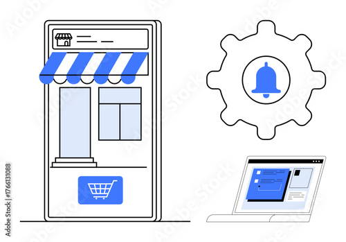 Online store interface with an awning and cart icon, notification bell inside gear, laptop. Ideal for e-commerce, online shopping, website design, business automation, tech interfaces, marketing