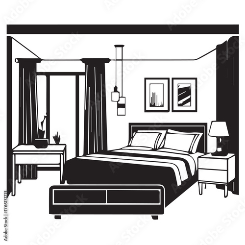 A monochromatic bedroom interior featuring a bed, nightstand, and window with curtains, showcasing a cozy and inviting space with framed art and pendant lights isolated on white background