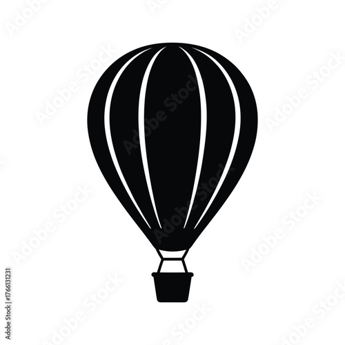 A striking black and white depiction of a classic hot air balloon floats gently