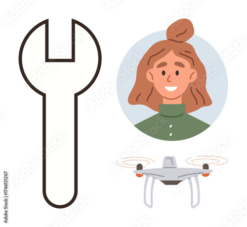 Smiling female, minimal quadcopter flying, and large wrench for repair, technology, engineering, innovation, futuristic tools, DIY projects and maintenance. Ideal for a simple flat metaphor