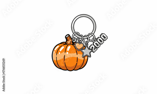 Glossy orange pumpkin keychain charm with a silver bow and a 2000 star tag.