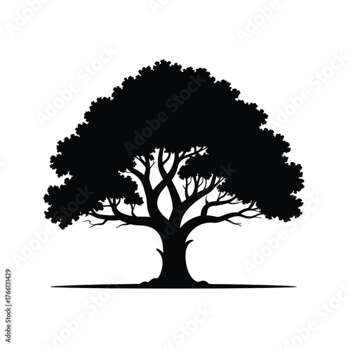 Black tree silhouette with many branches stands prominently against a pure white background