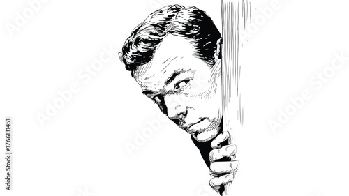 Curious Man Peeking Out from Corner in Vector Illustration with Outline