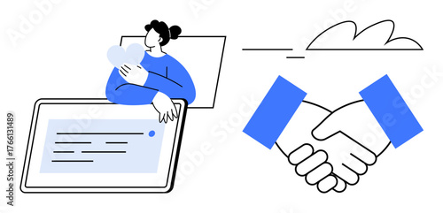 Woman holding heart shape near tablet, visualizing compassion and technology. Handshake highlights partnership. Ideal for relationships, teamwork, empathy, digital health, collaboration, care simple