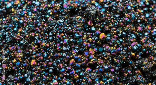 Closeup of iridescent pyrite crystals showing a colorful, metallic sheen, revealing the complex structure and optical properties of the mineral specimen