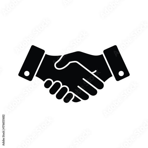 Two black hands meet in a handshake with a white background