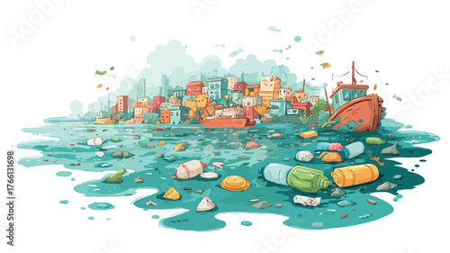 Polluted Water with Household Waste and Plastic Trash Environment Concept