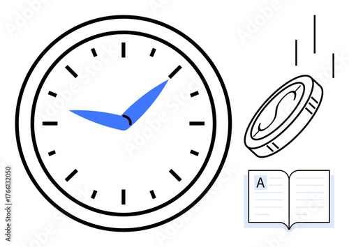 Large clock with blue hands, falling coin, and open book represent time, wealth, and learning. Ideal for productivity, education, time management finance planning study success concepts. Simple