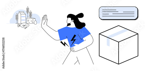 Woman gesturing refusal towards dairy foods with milk carton and cheese, expressing intolerance or allergies. Ideal for health, diet restriction, food caution, allergy awareness, packaging, nutrition
