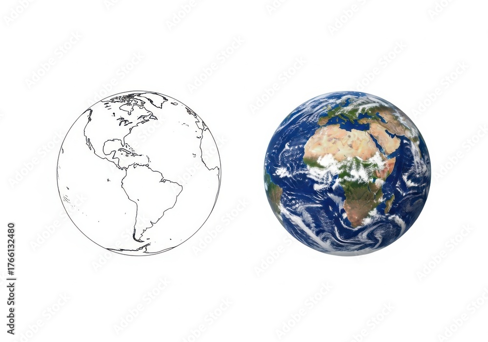 Obraz premium Sketch and realistic earth globe isolated on white background