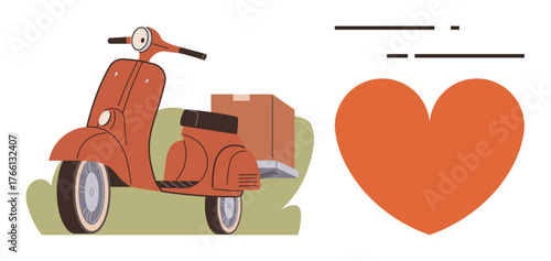 Retro-style scooter carrying a parcel paired with a heart. Ideal for delivery services, urban mobility, romance, eco-transport, courier themes, vintage appeal. A simple flat metaphor