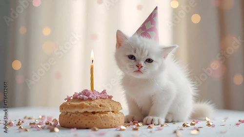 A playful kitten frosted cupcake sits atop a wooden surface, decorated with colorful sprinkles and a single lit candle.