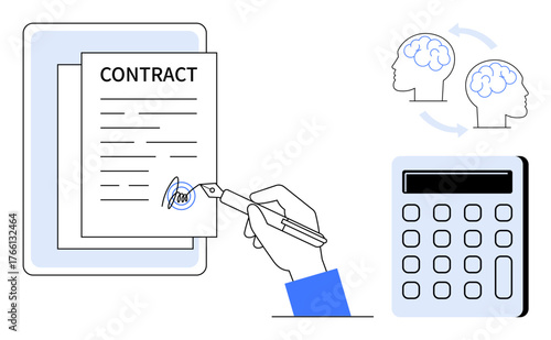 Hand holding pen signing contract, calculator for financial calculations, brain symbols for thought exchange. Ideal for business, contracts, negotiation, partnership, decision-making, trust simple