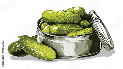 Whole Pickled Cucumber or Gherkin Preserved in a Can Vector