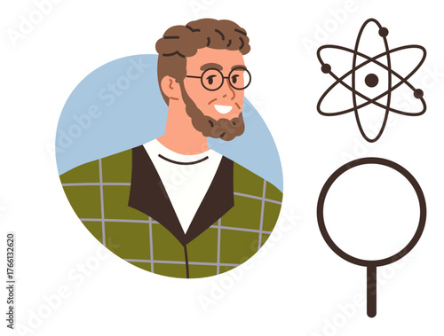 Bearded man with glasses wearing a plaid shirt, alongside atom and magnifying glass. Ideal for science, research, curiosity, education, innovation, discovery technology. Simple flat metaphor