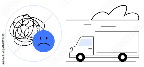 Sad face with tangled lines crossed out, symbolizing stress removal, alongside a moving truck under skies. Ideal for mental health, relocation, new beginnings, transformation, motivation, lifestyle