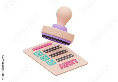 3d rendered stamp and audit document isolated on white background
