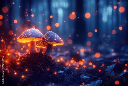Enchanted Mushrooms in a Mystical Forest with Glowing Lights Ambiance