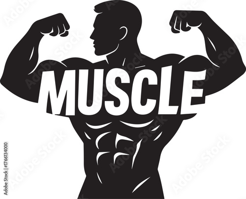 Silhouette of a muscular man flexing biceps with muscle text