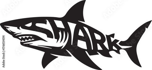 Silhouette of a shark with the word shark spelled out in its body