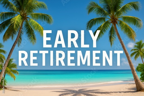 Tropical beach scene with palm trees, turquoise water, and clear blue sky, featuring the bold text “EARLY RETIREMENT” in the center. Represents financial freedom, relaxed lifestyle
