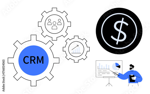 Gears with CRM, customer data, growth chart, dollar sign, and a presenter explaining graphs on a board. Ideal for business, analytics, CRM marketing strategy finance team management. Simple flat