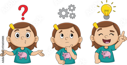 Cartoon girl thinking, problem solving, confused expression, gears, light bulb, idea moment, cognitive process, educational concept, emotion stages, teal shirt