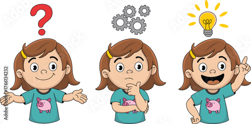Cartoon girl thinking, problem solving stages, confused expression, gears above head, light bulb idea, teal shirt, educational concept, emotion, child, illustration