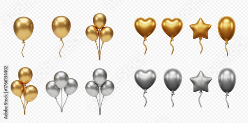Shiny gold and silver balloons of various shapes, including hearts, stars, and round shapes, arranged in two rows.