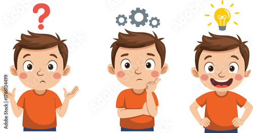 Cartoon boy thinking, confused child gesture, problem solving stages, idea light bulb, gears concept, emotional expression, educational character design