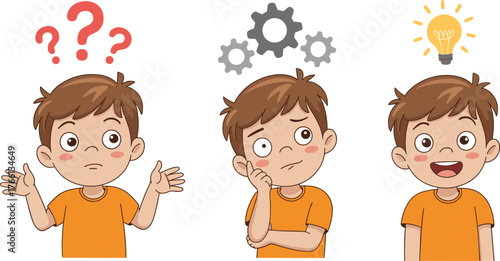 Cartoon boy thinking, confused child pose, problem solving stages, idea light bulb, gears concept, emotional expression, educational character illustration