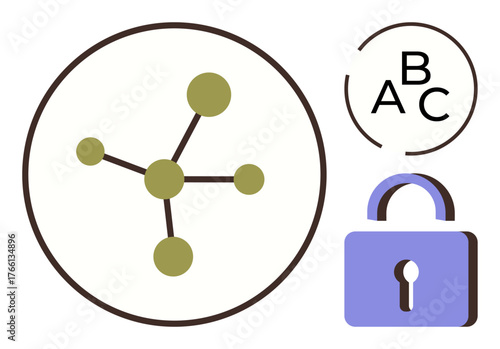 Network structure with connected nodes, alphabetic elements, and padlock icon representing security, communication, data protection, and connections. Ideal for education, tech concepts, learning