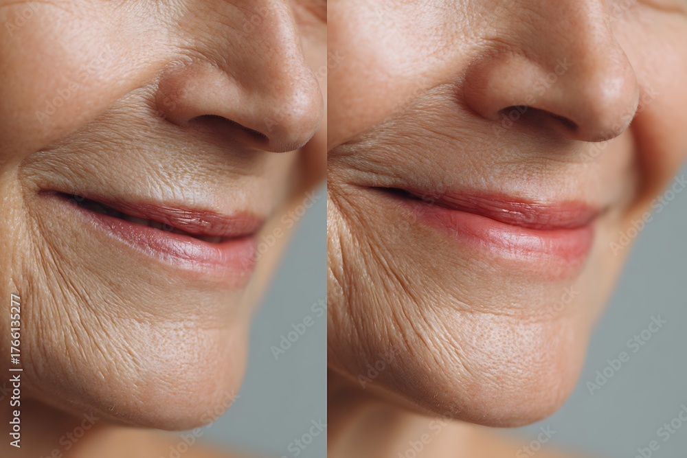 Obraz premium Comparative images of middle-aged and older skin smiles show the deepening of creases.
