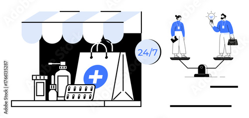 Pharmacy products under storefront with 247 service icon and two professionals balancing ideas over scales. Ideal for healthcare, online services, teamwork, decision-making, innovation, e-commerce