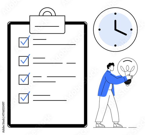Large checklist with checkmarks, wall clock, and man holding a lightbulb symbolizing productivity. Ideal for planning, organization, teamwork, problem-solving, brainstorming, innovation time