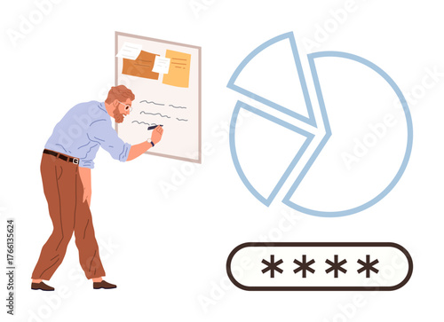 Man studies details on pinned notice board, large pie chart and secure password concept nearby. Ideal for data analysis, strategy planning, business, security, research, productivity, simple flat