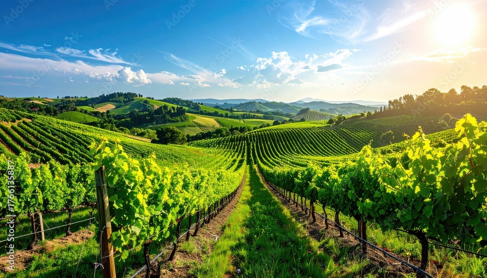 Fototapeta premium Sunlit Vineyard Rows Stretching Towards Rolling Hills Under a Bright Blue Sky with Golden Sun Rays Shining