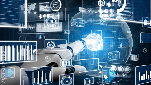 Foto A futuristic robotic hand engages with a plethora of digital data, showcasing charts and information in a virtual setting, emphasizing the intersection of technology and innovation