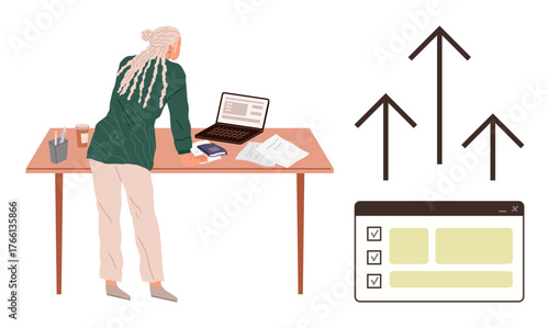 Professional woman leaning on desk with laptop, papers, and tools, next to growth arrows and checklist window. Ideal for planning, productivity, success, strategy, leadership innovation simple flat