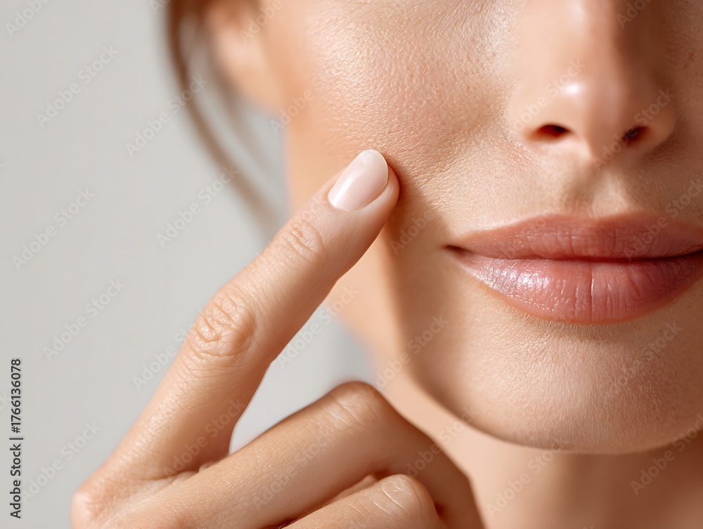 Fototapeta premium Gently apply cream to the cheeks with your fingertips, perfect for a skincare brand advertisement.