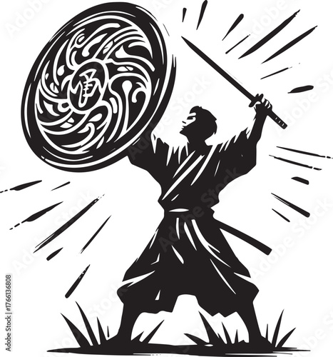 Sumi-e illustration: Warrior raising shield and wielding sword in defense