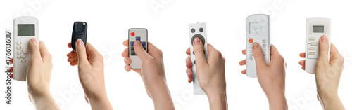 Fotografie People holding different remote controls in hands on white background, collage