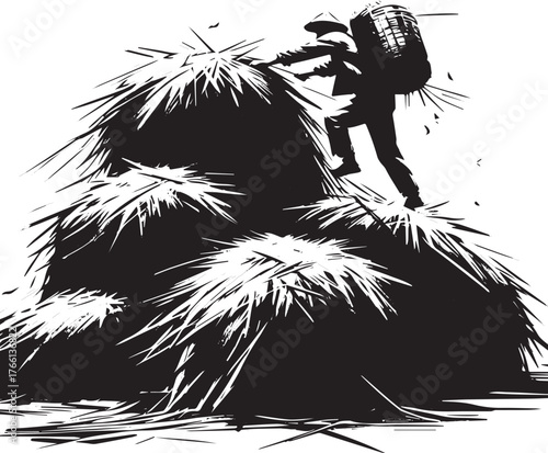 Sumi-e illustration depicting a figure scaling a haystack for work