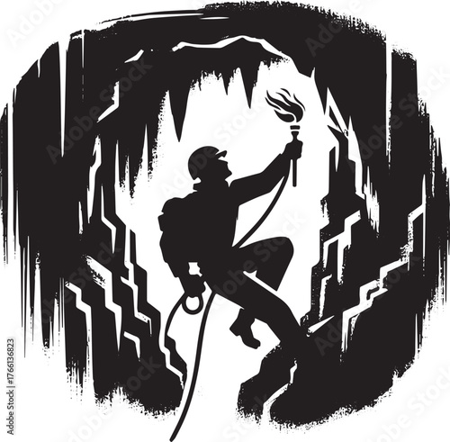 Cave explorer descends into the abyss holding a torch in minimalist style