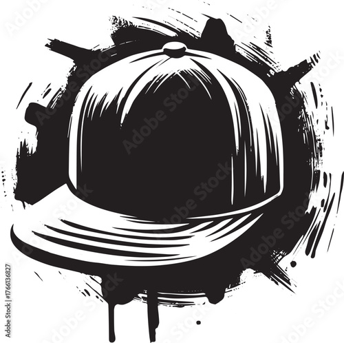 Stylized Baseball Cap Illustration with Ink Splatter Effect, Modern Apparel